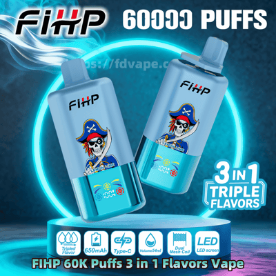 Deux appareils de vape jetables FIHP bleu clair avec une illustration de tête de mort de pirate sur un fond d'anneau de néon brillant, avec un grand texte annonçant 60 000 bouffées et ' 3 en 1 Triple Flavors ' plus des icônes pour 650 mAh, une charge de type C, une capacité de 54 ml, une bobine à double maille et un écran LED.