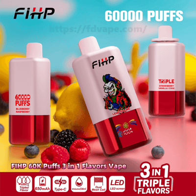 Trois vapes jetables FIHP roses et rouges annonçant 60 000 bouffées et des saveurs triples 3 en 1, présentées parmi des citrons et des baies avec un dispositif incliné comportant un logo de crâne coloré et des icônes et étiquettes de saveur.