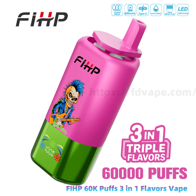Dispositif de vape jetable FIHP rose et vert avec un embout supérieur, un squelette punk jouant un graphique de guitare et le logo FIHP, affiché à côté du texte promotionnel ' 3 en 1 Triple Flavors 60000 Puffs '.