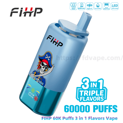 Dispositif de vape jetable FIHP bleu clair avec une partie inférieure bleu sarcelle et un embout buccal incliné, décoré d'un crâne de pirate dans un chapeau tricorne et une épée, montrant le logo FIHP et des textes/icônes promotionnels, notamment ' 3 en 1 Triple Saveurs ' et ' 60 000 Puffs '.