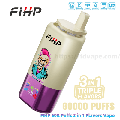 Vape jetable FIHP crème et violet avec embout supérieur, illustration de crâne punk, logo de la marque et étiquettes annonçant des saveurs triples 3 en 1 et 60 000 bouffées, plus de petites icônes pour une batterie de 650 mAh, une charge de type C, une capacité de 54 ml, une bobine à double maille et un écran LED.