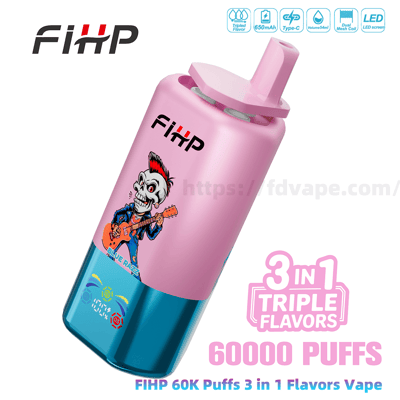 Appareil de vape jetable FIHP rose et bleu sarcelle incliné en diagonale, comportant un guitariste squelette de dessin animé sur le corps, un embout rose et un texte promotionnel indiquant ' 3 en 1 triple saveurs ' et ' 60 000 bouffées '.