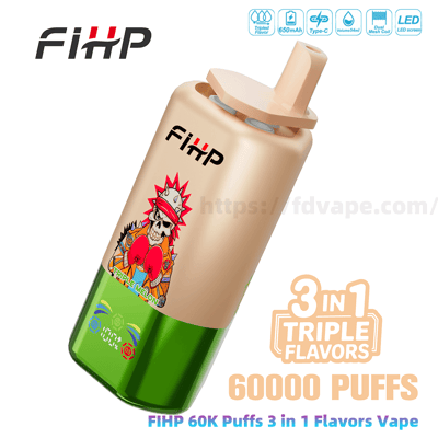 Appareil à vapoter jetable FIHP beige et vert représentant un crâne portant des gants de boxe étiquetés ' Triple Melon ', illustré avec le texte ' 3 in 1 Triple Flavors 60000 PUFFS ' et de petites icônes pour une batterie de 650 mAh, une charge de type C, une capacité de 54 ml, une bobine à double maille et un écran LED.
