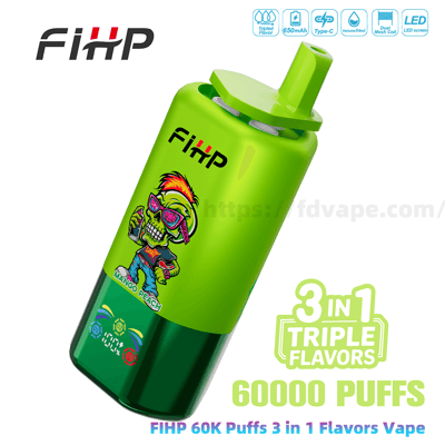 Dispositif de vape jetable FIHP vert lime vif incliné pour montrer un crâne de dessin animé au néon portant des lunettes de soleil et un jean avec le texte ' Mango Peach ', entouré de petites icônes et de texte en gras indiquant ' 3 in 1 Triple Flavors ' et ' 60000 PUFFS '.
