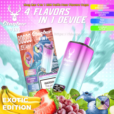 Advertisement for Stagbar 4-in-1 vape featuring a pink-to-teal gradient device and packaging under the headline '4 FLAVORS IN 1 DEVICE', with flavor labels and images of banana, strawberry, grapes and blueberries, a small flavor wheel and a white stag head logo.