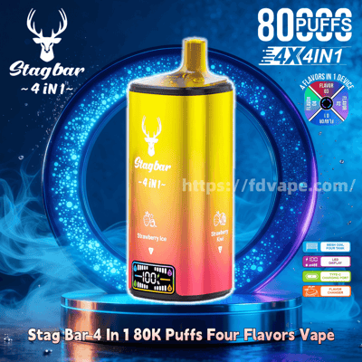 Bright yellow-to-pink gradient Stagbar 4-in-1 disposable vape with a white deer logo and front LED display, shown center-stage against a blue neon circular backdrop with flavor icons (Strawberry Ice, Strawberry Kiwi) and promotional text claiming 80K puffs and four flavors.