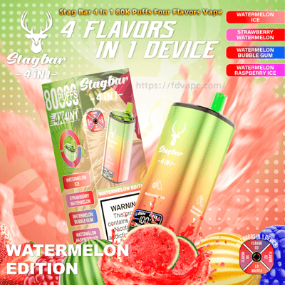 Advertisement for the Stagbar "Watermelon Edition" 4-in-1 vape showing a green-to-pink gradient device and matching box, sliced watermelon, flavor badges and labels listing Watermelon Ice, Strawberry Watermelon, Watermelon Bubble Gum and Watermelon Raspberry Ice, a deer-head logo and large "4 FLAVORS IN 1 DEVICE" and "WATERMELON EDITION" text.