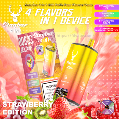 Bright promotional image for the Stagbar 4-in-1 Strawberry Edition disposable vape featuring a yellow-to-pink gradient device and packaging, bold text '4 FLAVORS IN 1 DEVICE', flavor labels (Strawberry Ice, Strawberry Kiwi, Strawberry Grape, Strawberry Raspberry Cherry Ice), and strawberries and kiwi in the foreground.