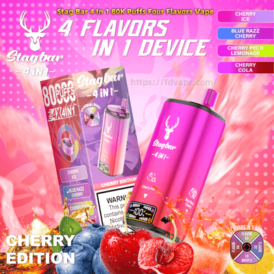 Bright pink promotional graphic for the Stagbar 4‑in‑1 disposable vape showing a metallic pink device and its packaging with a stag logo, cherries and other fruit splashes, prominent text '4 flavors in 1 device' and listed flavors including Cherry Ice, Blue Razz Cherry, Cherry Peach Lemonade and Cherry Cola.