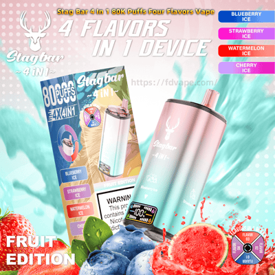 Pastel pink-and-teal Stagbar 4-in-1 disposable vape with a deer head logo and small digital display beside its '80K Puffs Fruit Edition' box, surrounded by blueberries, a sliced watermelon and a strawberry and flavor labels for Blueberry Ice, Strawberry Ice, Watermelon Ice and Cherry Ice.