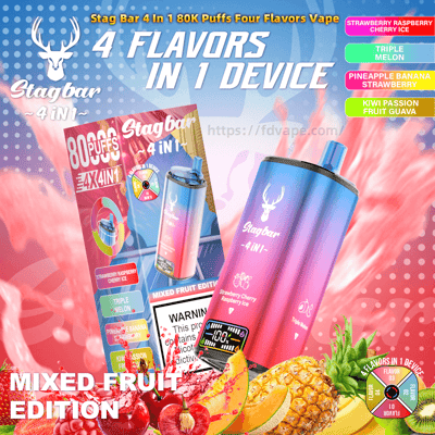 Colorful gradient Stagbar 4-in-1 disposable vape and boxed packaging labeled Mixed Fruit Edition and 800 Puffs, showing the deer logo, a small digital screen, a list of four flavors, and fresh fruits like pineapple, cherries and melon against a vibrant promotional background.