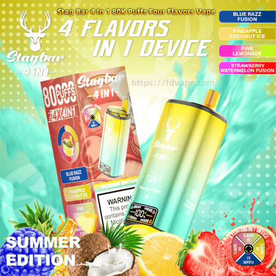 Colorful advertisement for the Stagbar 4-in-1 Summer Edition disposable vape featuring a yellow-to-teal gradient device and its box, bold headline '4 FLAVORS IN 1 DEVICE', flavor labels (Blue Razz Fusion, Pineapple Coconut Ice, Pink Lemonade, Strawberry Watermelon Fusion), fruit images of pineapple, coconut, lemon and strawberry, and a deer-logo brand name.
