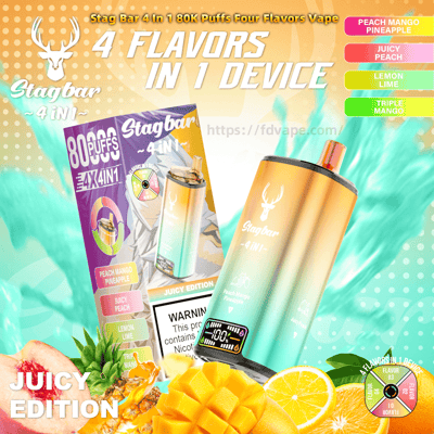 Colorful advertisement showing a Stagbar 4-in-1 disposable vape device and its box with a stag logo, large text reading "4 flavors in 1 device," a small digital puff/battery display, and labeled flavor options (Peach Mango Pineapple, Juicy Peach, Lemon Lime, Triple Mango) alongside illustrations of mango, pineapple, peach and citrus on a teal-to-orange gradient background.