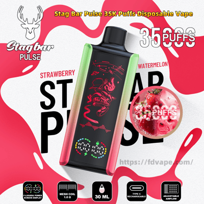 Advertisement showing a Stag Bar Pulse disposable vape with pink-to-green gradient side rails and a black center screen with red graphic, large text reading 35,000 puffs, flavor labels Strawberry and Watermelon with a circular close-up of strawberries, the stag deer logo and brand name, product icons for mesh coil, 30 mL, Type‑C rechargeable and adjustable settings, and a website URL.