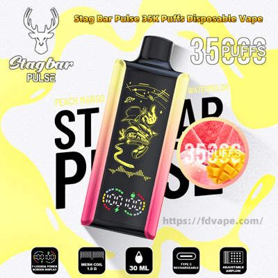Promotional graphic showing a Stagbar Pulse disposable vape with a black center and yellow-to-pink gradient edges, featuring a stylized yellow design on its screen, large '35,000 puffs' text, flavor labels 'Peach Mango' and 'Watermelon', a deer logo, icons for mesh coil 1.0Ω, 30 ml, Type-C rechargeable and adjustable airflow, and the URL https://fdvape.com/.
