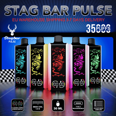 Advertisement poster for Stag Bar Pulse showing six colorful pod-style vape devices with neon stag graphics lined up on a reflective surface beneath the headline STAG BAR PULSE, EU WAREHOUSE SHIPPING 3–7 DAYS DELIVERY and a 3500 PUFFS badge, plus icons for 30 mL, mesh coil 1.0 Ω, Type‑C rechargeable, adjustable airflow and a power/liquid display.