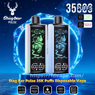 Two Stagbar Pulse disposable vape devices—one green-lit, one blue-lit—featuring neon astronaut graphics and digital indicator screens, displayed on a glowing blue cosmic ring with a deer logo, '35,000 puffs' label, and feature icons along the bottom.