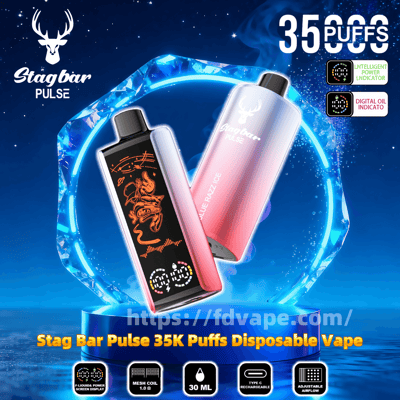 Two gradient pink-and-blue Stagbar Pulse disposable vape devices—one showing a black front panel with orange dragon artwork and a digital puff counter—floating inside a glowing blue crystal ring against a starry background, with a deer logo, large “35,000 PUFFS” text, feature icons (mesh coil 1.0Ω, 30 ml, Type‑C rechargeable, adjustable settings) and a website watermark.