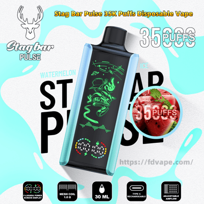 Teal-and-black Stagbar Pulse disposable vape with a neon-green astronaut graphic, labeled Watermelon Ice and advertised as 35,000 puffs, shown on a wavy teal background with a circular watermelon close-up and small feature icons at the bottom.