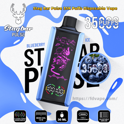 Promotional image of a blue-and-black Stag Bar Pulse disposable vape with a neon purple cartoon graphic and LED display, labeled Blueberry Ice and 35K puffs, shown with a circular close-up of blueberries and icons for mesh coil, 30 mL, Type-C rechargeable, and adjustable airflow.
