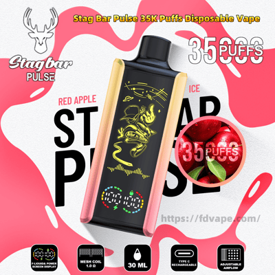 Stag Bar Pulse disposable vape with black front, pink-gold sides and yellow graphic centered on a pink-and-white background, labeled “35K Puffs” and “Red Apple Ice” with a round close-up of red apples and small icons for mesh coil 1.0Ω, 30 mL, Type-C rechargeable and a power screen display.