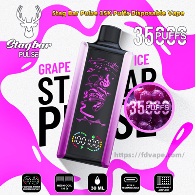 Centered black-and-purple Stagbar Pulse disposable vape with stylized mascot graphic and digital puff counter, purple side panels, surrounded by 'Grape Ice' and '35,000 puffs' text, a circular close-up of grapes, brand logo and feature icons on a pink-and-white splattered background.