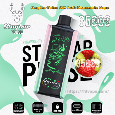 Promotional image of a Stagbar Pulse disposable vape with pastel mint-and-pink sides and a black front screen displaying neon-green astronaut artwork and digital indicators, advertising 35,000 puffs and Strawberry Ice flavor with a circular strawberry inset and stag logo on a mint-splattered background.