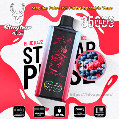 Ad for Stagbar Pulse 35K Puffs disposable vape featuring a black rectangular device with pink-blue gradient sides and a red illustrated character on its front, LED indicator and 'Blue Razz Ice' label beside a circular berry photo, all on a red-and-white splash background with stag logo, large '35K puffs' text, and icons for mesh coil 1.0Ω, 30 ml, Type‑C rechargeable and adjustable airflow.