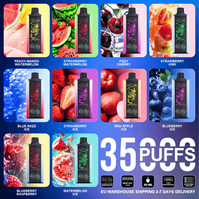 Grid of twelve colorful disposable vape devices shown with bright fruit backgrounds and labeled flavors (examples include Peach Mango Watermelon, Strawberry Watermelon, Fizzy Cherry, Strawberry Kiwi, Blue Razz Ice, Strawberry Ice, Red Apple Ice, Blueberry Ice, Blueberry Raspberry, Watermelon Ice), each device a black rectangular pod with a multicolored side panel and dragon logo, centered by large text reading 35,000 PUFFS and small icons indicating mesh coil, 30 mL, USB‑C rechargeability and adjustable airflow.