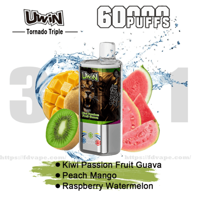 Uwin Tornado Triple vape device with an animal graphic on the label surrounded by sliced kiwi, diced mango and guava/watermelon imagery, large "60000 PUFFS" text and listed flavors: Kiwi Passion Fruit Guava, Peach Mango, Raspberry Watermelon.
