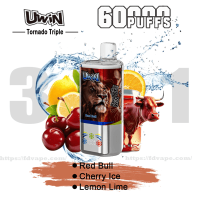 Silver Uwin 'Tornado Triple' vape device with a lion label centered against a water-splash backdrop, flanked by cherries and lemon-lime slices and a glass featuring a red bull, with prominent '60 Puffs' text and flavor names Red Bull, Cherry Ice, Lemon Lime.