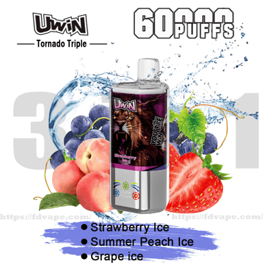 Uwin Tornado Triple disposable vape featuring a roaring lion label centered over splashing water and large strawberries, peaches and grapes, with prominent "60 Puffs" and flavor names Strawberry Ice, Summer Peach Ice and Grape Ice.