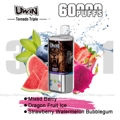 Promotional image of a UWIN Tornado Triple disposable vape with a roaring lion label centered over water splashes and sliced watermelon, blueberries, strawberries and dragon fruit, accompanied by large “PUFFS” text and a flavor list reading Mixed Berry, Dragon Fruit Ice, and Strawberry Watermelon Bubblegum.
