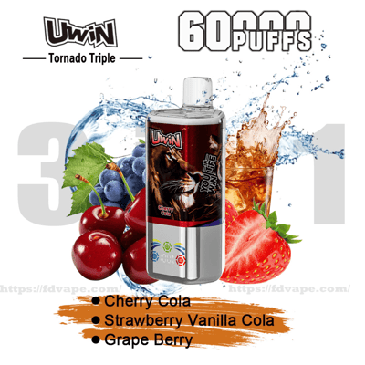 Promotional image of a Uwin Tornado Triple disposable vape device with a lion label, shown with cherries, strawberries, grapes and cola splashes, large '60 puffs' text and a flavor list: Cherry Cola, Strawberry Vanilla Cola, Grape Berry.