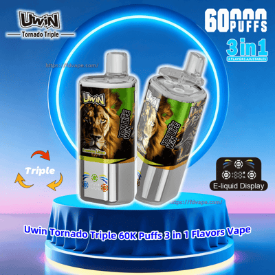 Two Uwin Tornado Triple disposable vape devices with lion artwork and clear mouthpieces displayed on a blue neon-lit pedestal, accompanied by marketing text reading 60K puffs, 3 in 1 and an e-liquid display icon.