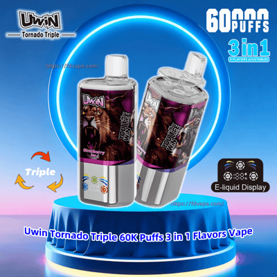 Two Uwin Tornado Triple disposable vape devices with roaring lion labels displayed on a blue-lit pedestal, surrounded by a neon ring and marketing text reading “60K Puffs” and “3 in 1” with an e-liquid display icon.