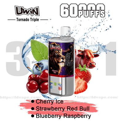 Uwin Tornado Triple 60 Puffs bottle with a lion graphic front and center, surrounded by cherries, strawberries, blueberries, a red bull/cow illustration and splashing water, with text listing flavors Cherry Ice, Strawberry Red Bull and Blueberry Raspberry.