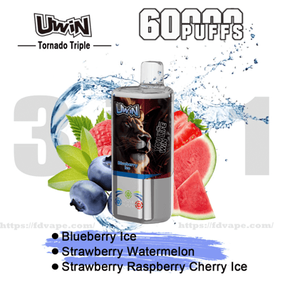 Uwin Tornado Triple 60 Puffs vape bottle with a lion label centered over blueberries, raspberries, strawberries and watermelon with a water splash, accompanied by a bullet-pointed flavor list: Blueberry Ice; Strawberry Watermelon; Strawberry Raspberry Cherry Ice.