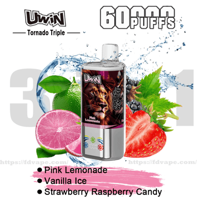 Uwin Tornado Triple disposable vape device with a lion label centered over splashing water and assorted fruits (pink lime, strawberry and berries), large '60 PUFFS' text above, and a flavor list reading Pink Lemonade, Vanilla Ice and Strawberry Raspberry Candy.