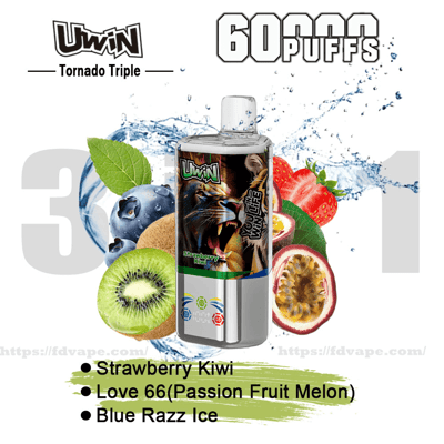 Promotional image showing a UWIN Tornado Triple disposable vape device with a roaring lion label in front of splashing water and fruits (strawberry, kiwi, passionfruit, blueberry) and text indicating 60 puffs and flavors: Strawberry Kiwi, Love 66 (Passion Fruit Melon), and Blue Razz Ice.