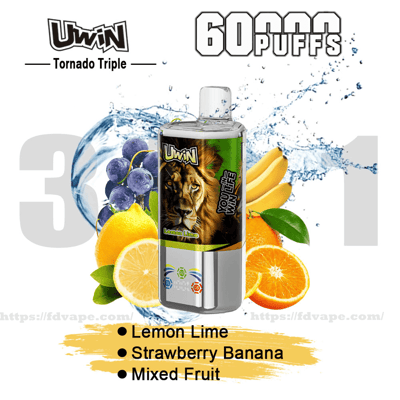 Uwin Tornado Triple disposable vape device with lion artwork front and center, set against splashing water and fruit (lemons/limes, grapes, bananas, oranges) and labeled '60 PUFFS' with flavors listed as Lemon Lime, Strawberry Banana, Mixed Fruit.