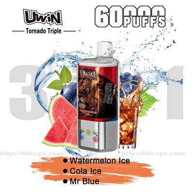 Promotional image of a UWIN Tornado Triple disposable vape showing a bottle with a lion label and 'Watermelon Ice' flavor, set against splashing water, watermelon slices, blueberries and a glass of cola, with prominent puff-count branding and a listed flavor trio: Watermelon Ice, Cola Ice and Mr Blue.