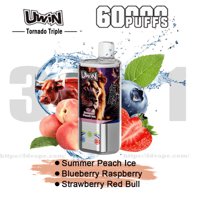 Advertising image for a UWIN Tornado Triple disposable vape showing a metallic device with a lion label centered among peaches, a strawberry, a blueberry and a red bull illustration with a water splash, with text noting “60 puffs” and flavors Summer Peach Ice, Blueberry Raspberry, and Strawberry Red Bull.