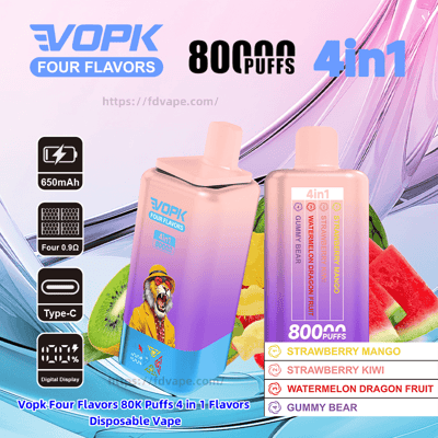 Colorful advertisement showing two gradient pink-purple-blue VOPK Four Flavors disposable vape devices labeled 4-in-1 and 80,000 puffs, with icons for 650mAh battery and Type-C charging, a flavor list (Strawberry Mango, Strawberry Kiwi, Watermelon Dragon Fruit, Gummy Bear) and fruit imagery in the background.