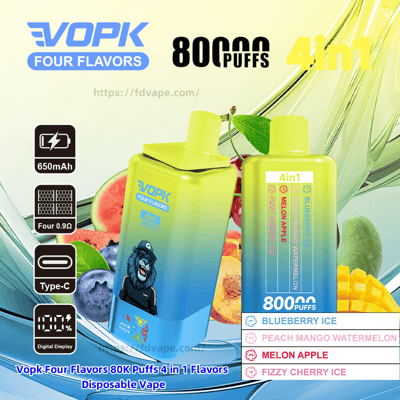 Bright blue-to-yellow promotional image for VOPK Four Flavors 4-in-1 disposable vape showing two rectangular devices with mouthpieces, labels reading 80,000 puffs and 650mAh, a list of four flavors and fruit background.