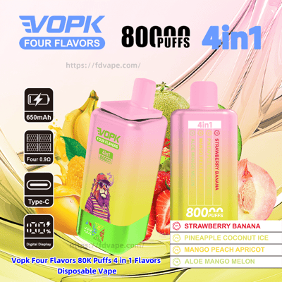 Two pink-to-green gradient disposable vape devices with rectangular mouthpieces—one featuring a sunglasses-wearing lion illustration—set against images of strawberries, banana, cantaloupe and peach, with prominent branding reading VOPK Four Flavors, 80K/80000 puffs and 4in1, icons for 650mAh battery, four 0.9Ω coils, Type-C charging and digital display, and a flavor list: Strawberry Banana, Pineapple Coconut Ice, Mango Peach Apricot and Aloe Mango Melon.