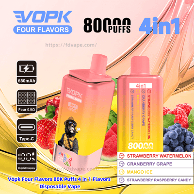 Colorful pink-to-yellow gradient ad featuring two VOPK 4-in-1 disposable vapes labeled 800 puffs, icons for 650mAh battery, Type-C charging and digital display, and a flavor list showing Strawberry Watermelon, Cranberry Grape, Mango Ice and Strawberry Raspberry Candy with fruit imagery in the background.