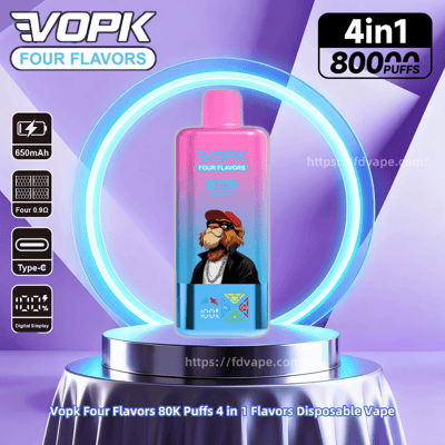 Pink-to-blue gradient disposable VOPK vape device labeled “Four Flavors” with a cartoon bearded monkey in a cap on its front, displayed on a lit circular pedestal with a neon ring against a purple background and icons noting 4-in-1/80K puffs, 650mAh battery, Type-C charging and digital display.