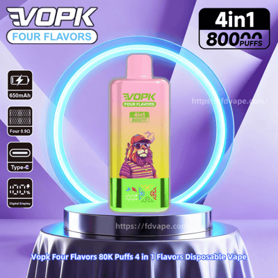 A gradient pink-to-green VOPK disposable vape with a cartoon lion graphic labeled "Four Flavors" and "4 in 1 80000 puffs" stands on a reflective podium framed by a glowing blue ring against a purple background, with side icons indicating 650mAh, four 0.9Ω coils, Type-C charging, and a digital display.