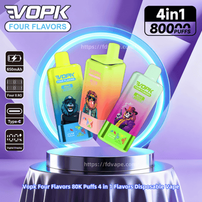 Three colorful gradient VOPK Four Flavors disposable vape devices with cartoon animal graphics floating in a neon ring above a platform, labeled 4-in-1 80,000 puffs and showing icons for 650mAh battery, Type-C charging, 0.9Ω coils and a digital display.